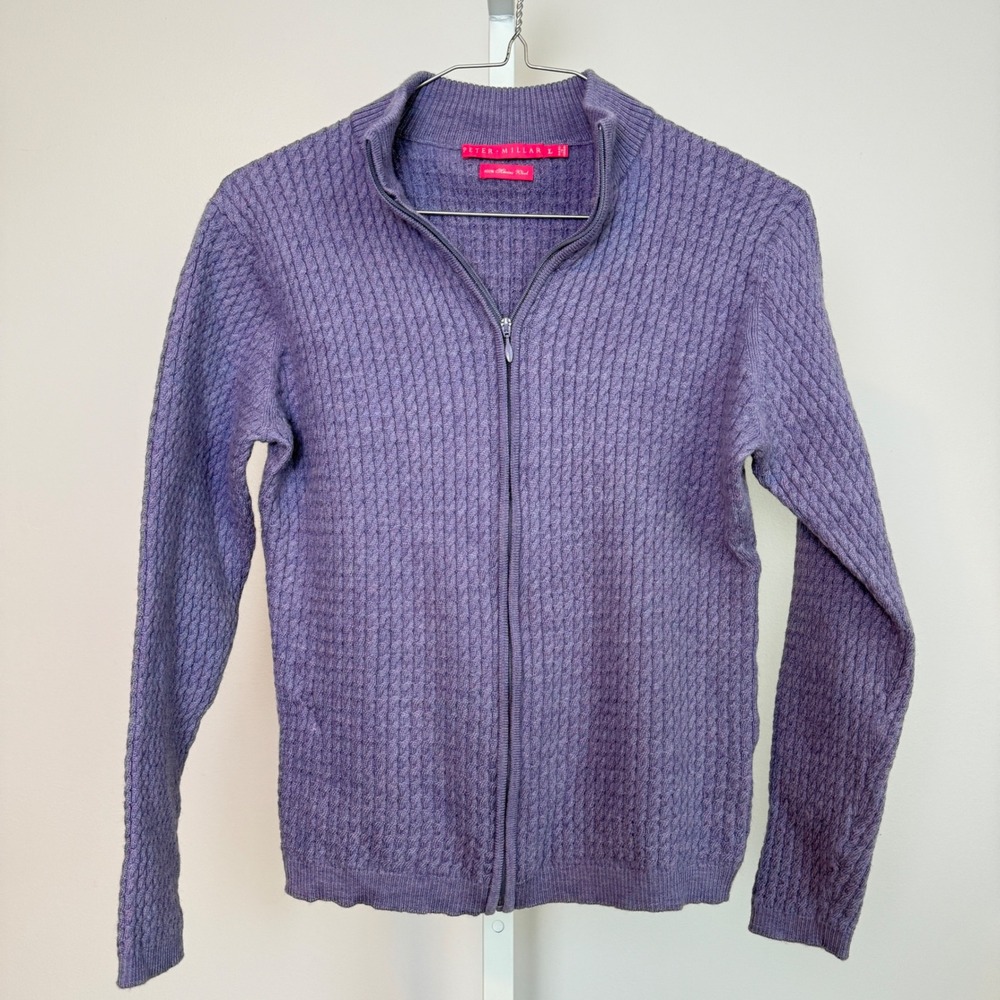 Peter Millar Women's Zip Front Cable Knit Merino‎ Wool Sweater Jacket Cardigan L
